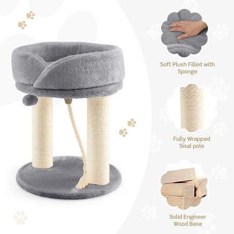 4-in-1 Cat Climbing Tree Tower with Soft Top Perch &amp; Padded Base-Grey