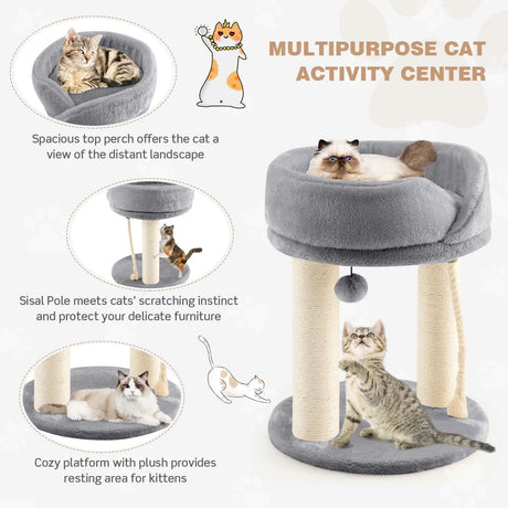 4-in-1 Cat Climbing Tree Tower with Soft Top Perch &amp; Padded Base-Grey