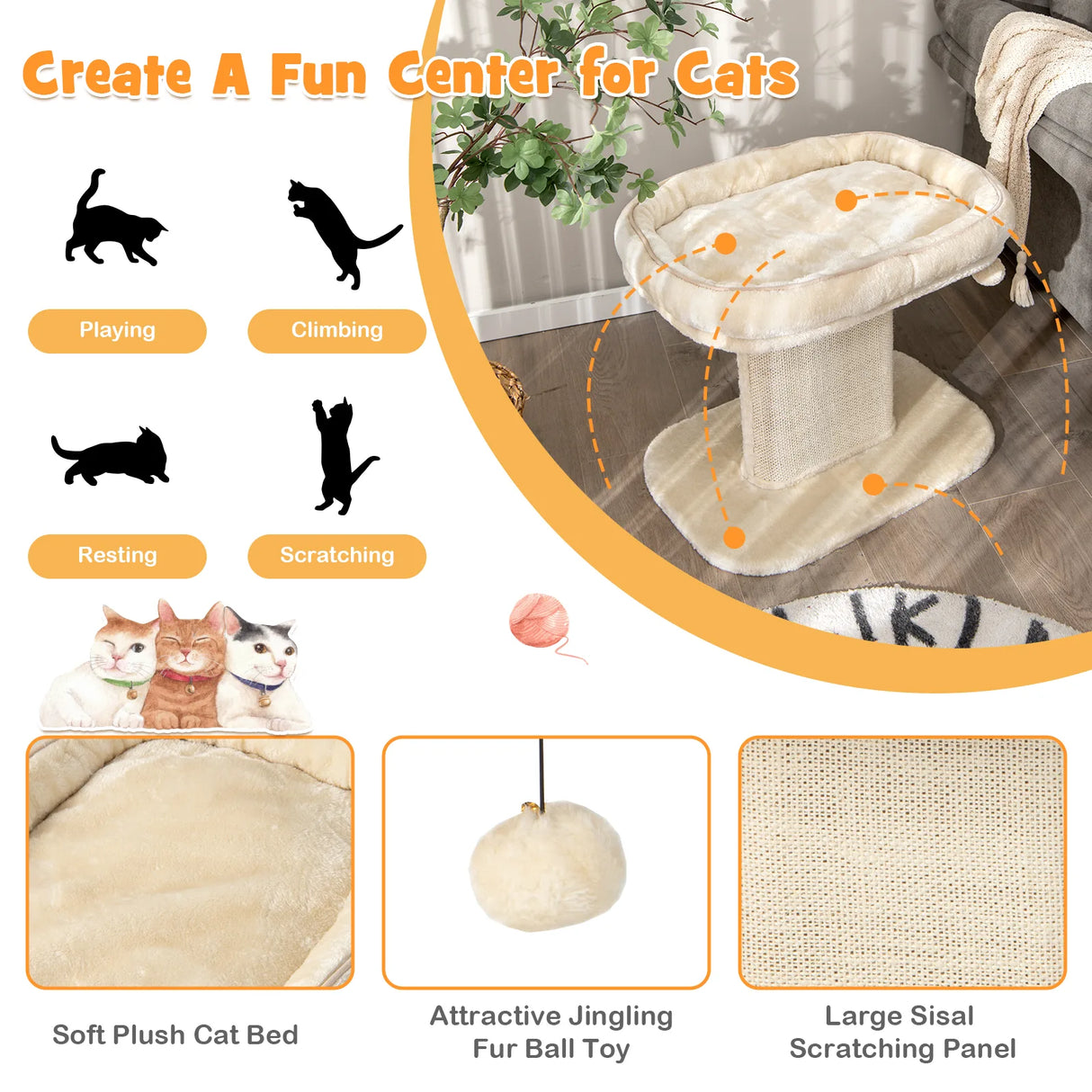 Modern Cat Tree Tower for Kittens with Large Plush Perch for Indoor Beige