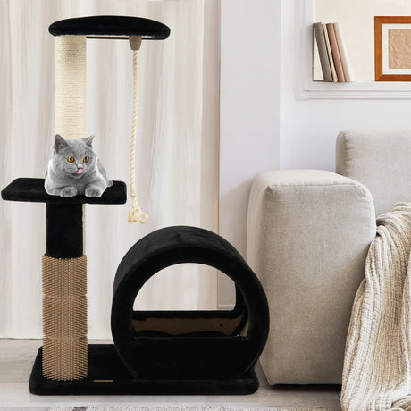 Multi-level Kitty Condo Climbing Tower with Groom Brush and Sisal Rope-Black