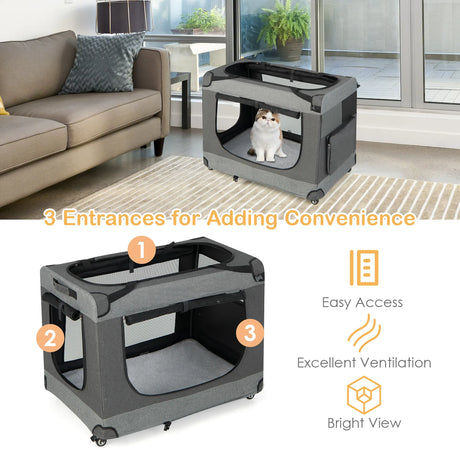 Portable Folding Cat Carrier with 4 Lockable Wheels-XL