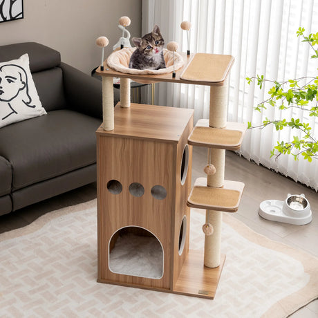 52 Inch Modern Multi-level Cat Play Center with Deluxe Hammock-Natural