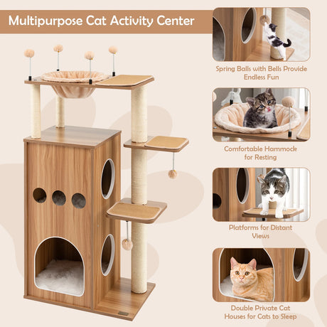 52 Inch Modern Multi-level Cat Play Center with Deluxe Hammock-Natural