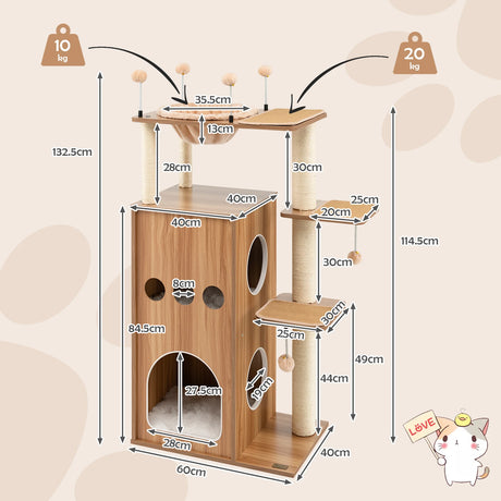 52 Inch Modern Multi-level Cat Play Center with Deluxe Hammock-Natural