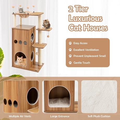 52 Inch Modern Multi-level Cat Play Center with Deluxe Hammock-Natural