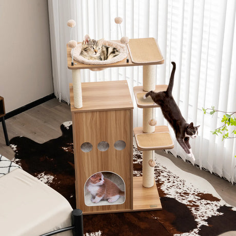 52 Inch Modern Multi-level Cat Play Center with Deluxe Hammock-Natural