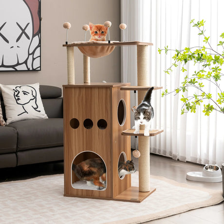 52 Inch Modern Multi-level Cat Play Center with Deluxe Hammock-Natural