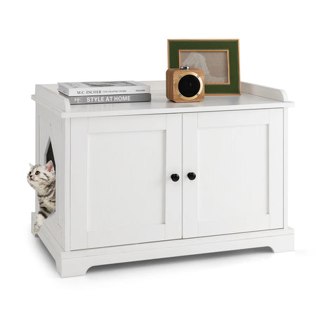 Wooden Cat House with Scratching Pad and Adjustable Divider-White