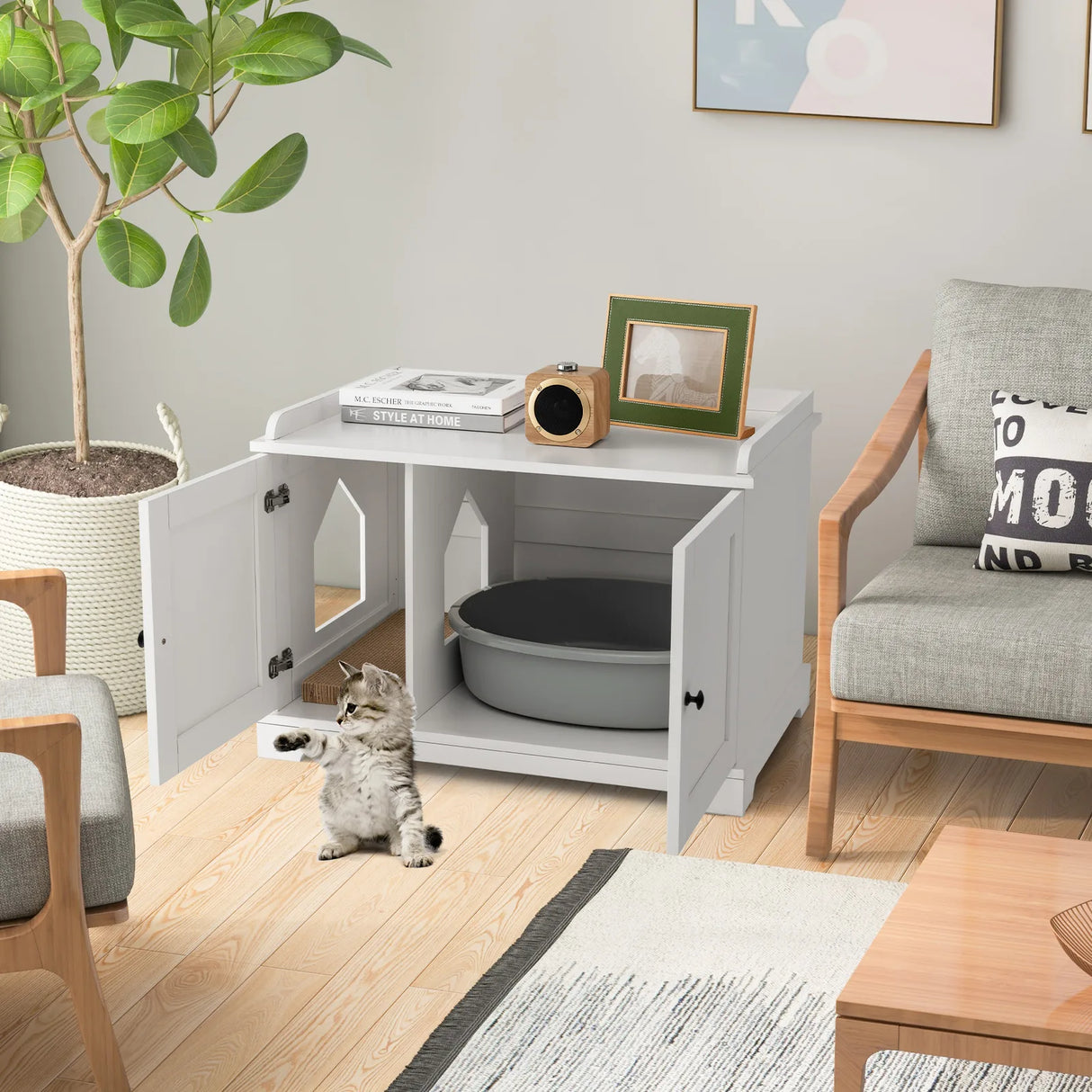 Wooden Cat House with Scratching Pad and Adjustable Divider-White
