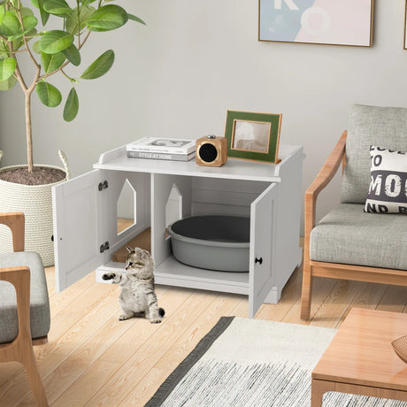 Wooden Cat House with Scratching Pad and Adjustable Divider-White
