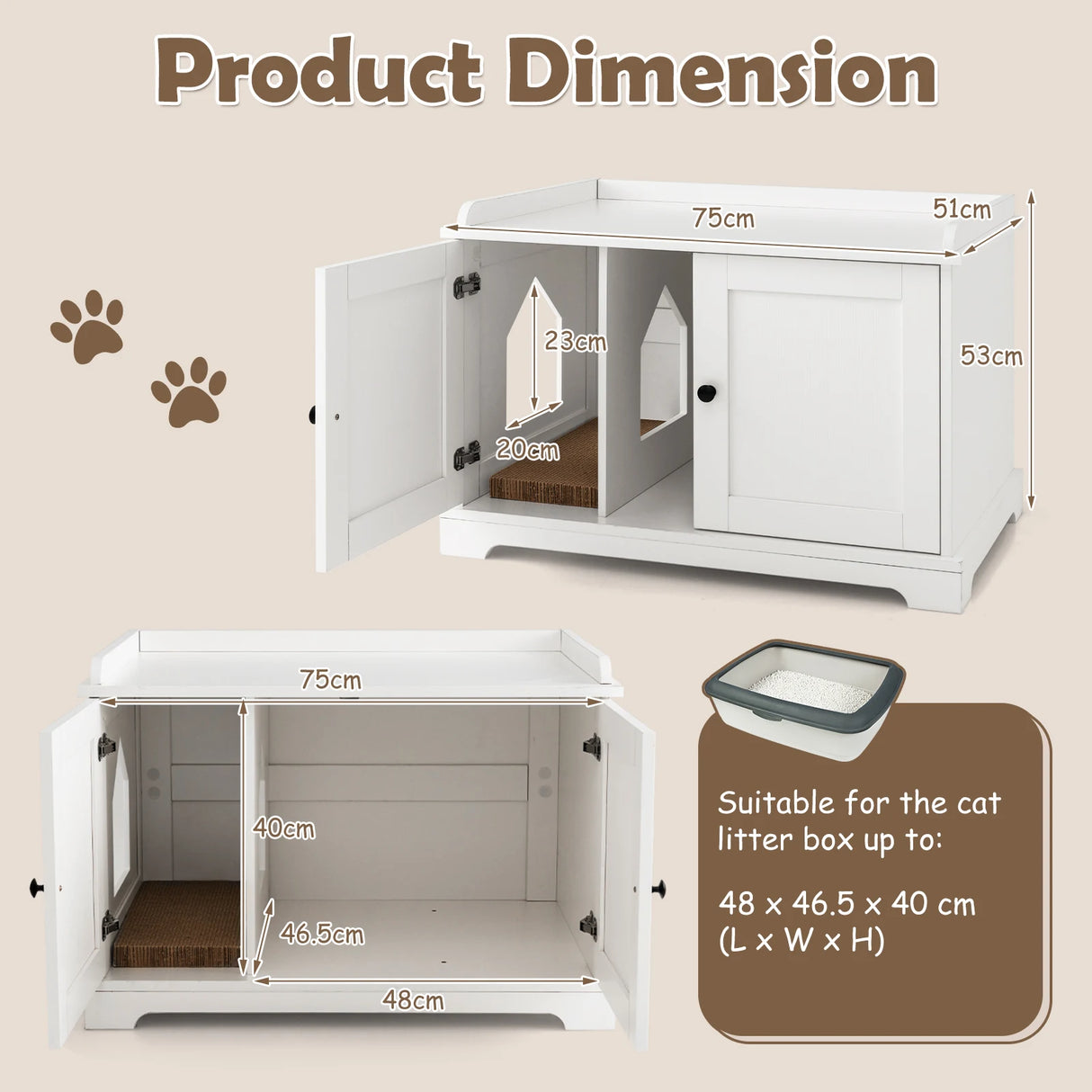 Wooden Cat House with Scratching Pad and Adjustable Divider-White