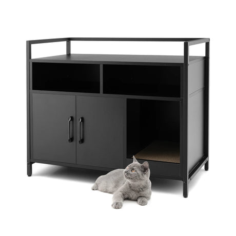 Cat Litter Box Enclosure with Double Doors & Scratch Cardboard-Black