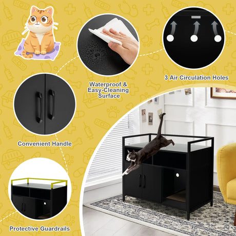 Cat Litter Box Enclosure with Double Doors & Scratch Cardboard-Black