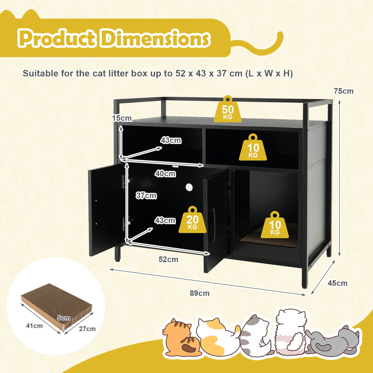 Cat Litter Box Enclosure with Double Doors & Scratch Cardboard-Black