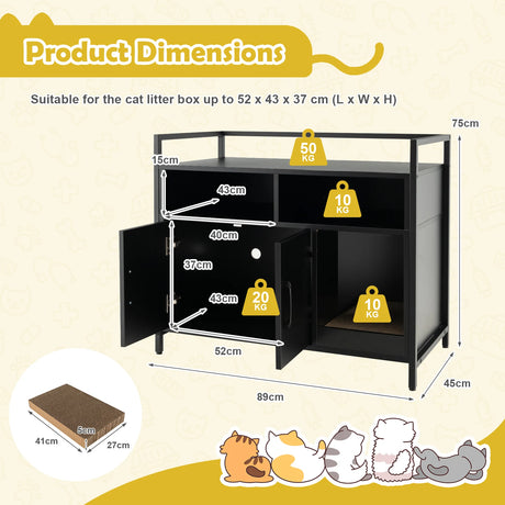 Cat Litter Box Enclosure with Double Doors & Scratch Cardboard-Black
