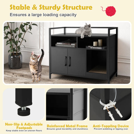 Cat Litter Box Enclosure with Double Doors & Scratch Cardboard-Black
