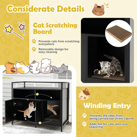 Cat Litter Box Enclosure with Double Doors & Scratch Cardboard-Black