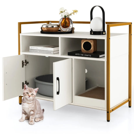 Cat Toilet Enclosure Cat Cupboard with Double Doors &amp; Scratcher Pad 89 x 45 x 74.5cm White