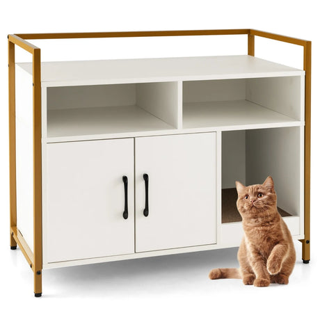 Cat Toilet Enclosure Cat Cupboard with Double Doors &amp; Scratcher Pad 89 x 45 x 74.5cm White
