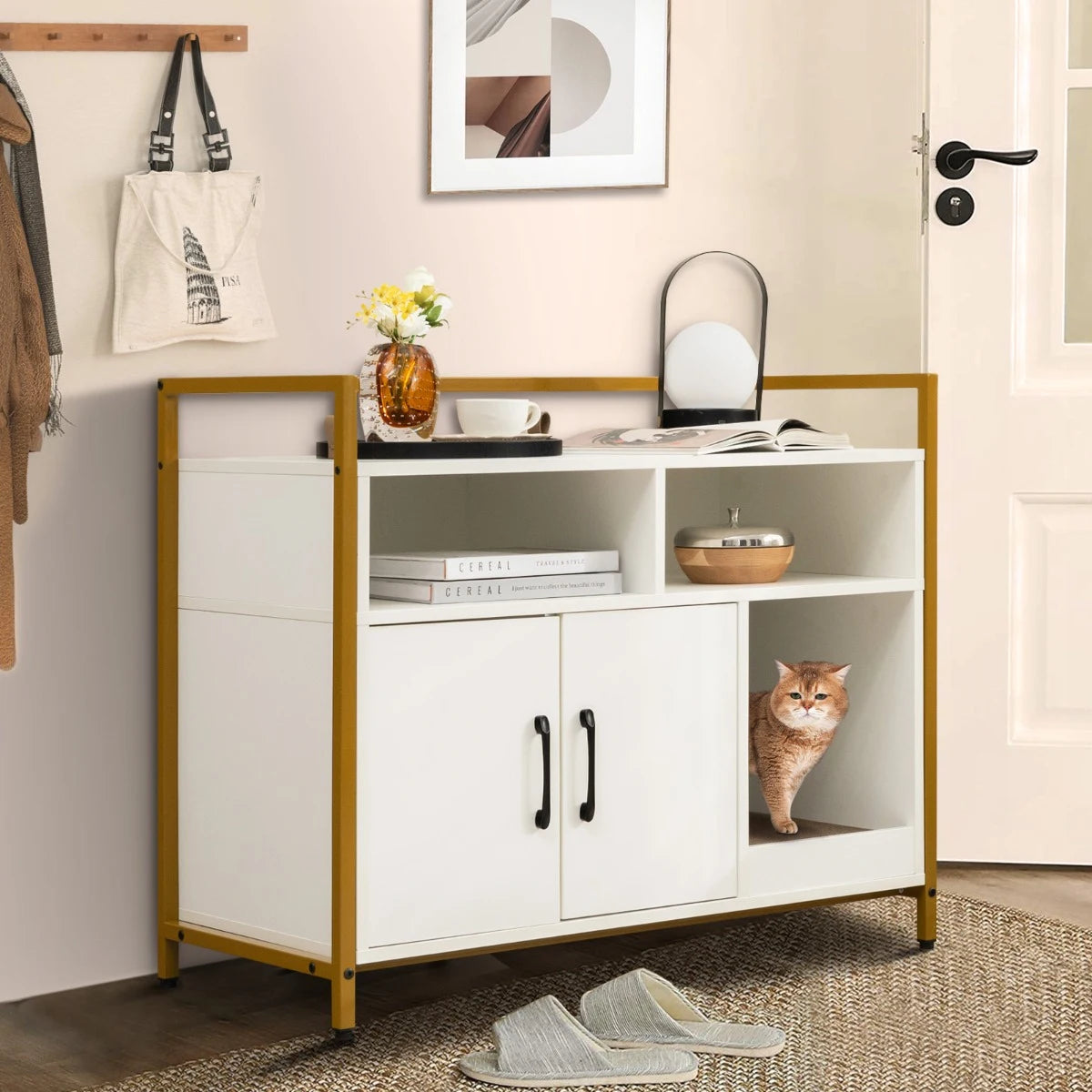 Cat Toilet Enclosure Cat Cupboard with Double Doors &amp; Scratcher Pad 89 x 45 x 74.5cm White
