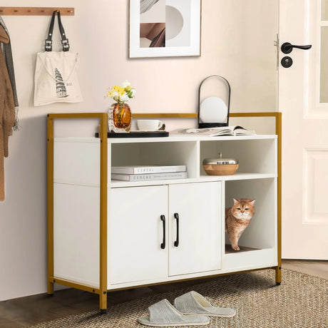 Cat Toilet Enclosure Cat Cupboard with Double Doors &amp; Scratcher Pad 89 x 45 x 74.5cm White