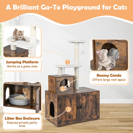 Cat Tree with Litter Box Enclosure with Cat Condo-Rustic Brown