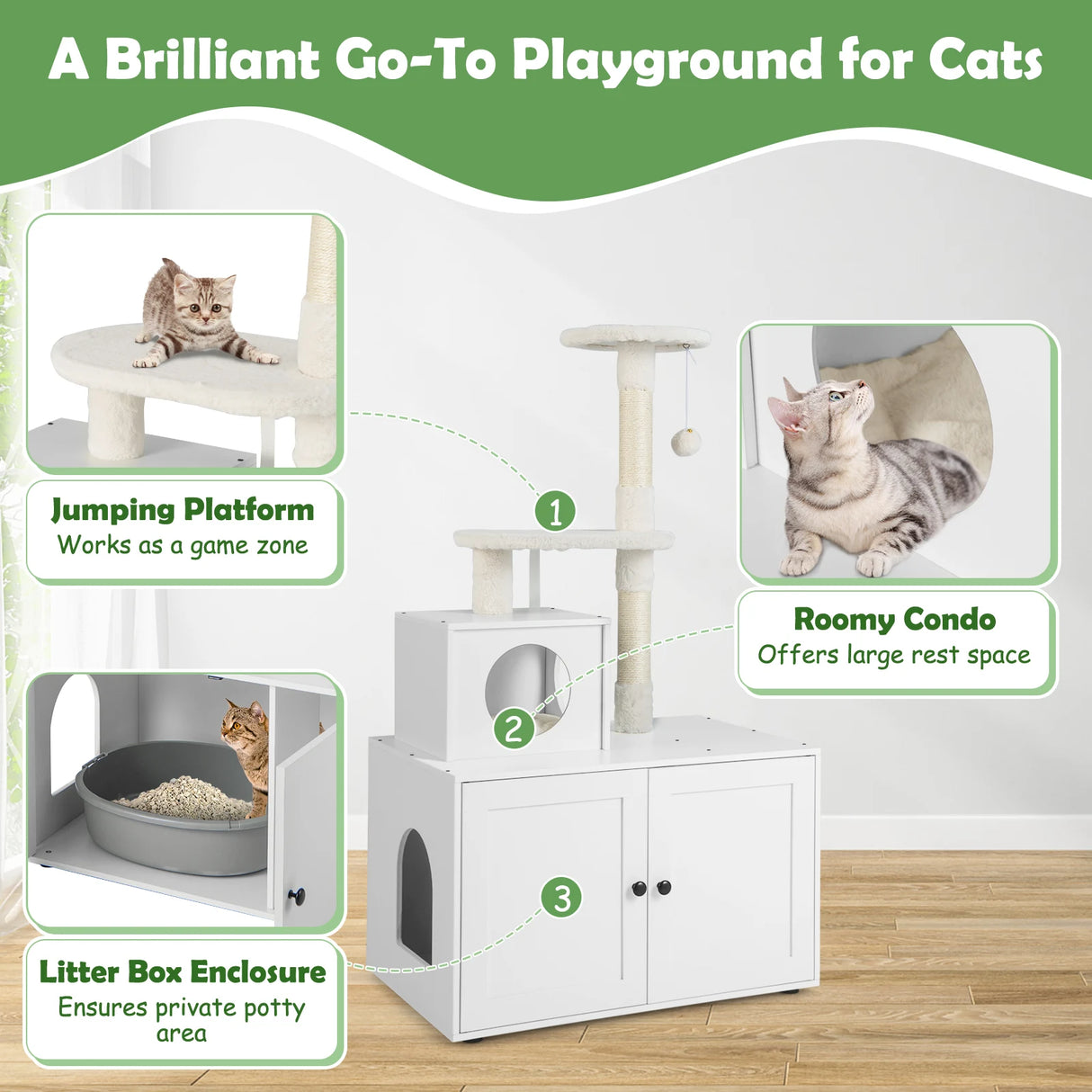 Cat Tree with Litter Box Enclosure with Cat Condo-White
