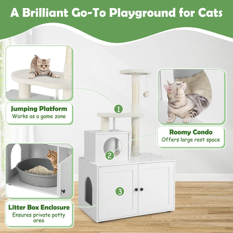 Cat Tree with Litter Box Enclosure with Cat Condo-White