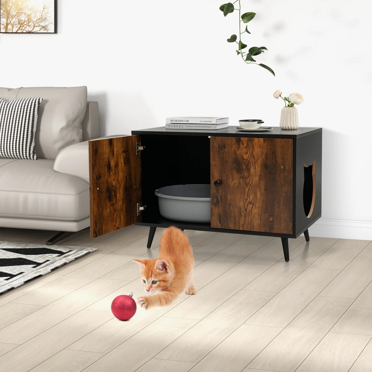 Industrial Cat Litter Box Enclosure with Divider and Cat-Shaped Entries