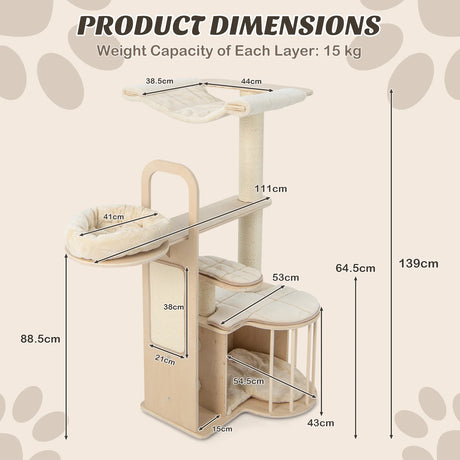 55 Inch Tall Multi-Level Cat Tree with Washable Removable Cushions-Natural