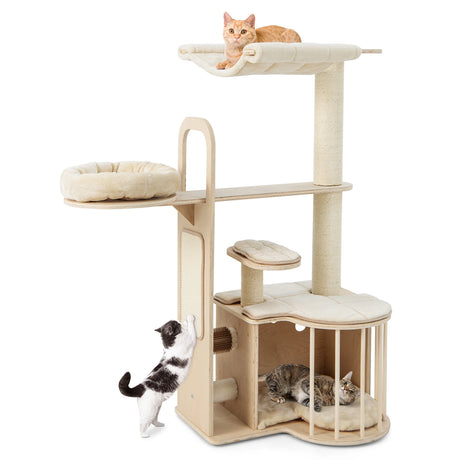 55 Inch Tall Multi-Level Cat Tree with Washable Removable Cushions-Natural