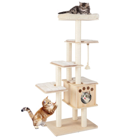 Modern Wooden Cat Tower with Scratching Posts, Washable Cushion
