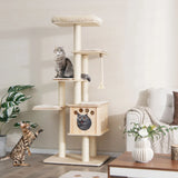 Modern Wooden Cat Tower with Scratching Posts, Washable Cushion