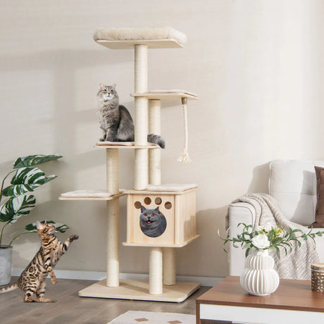 Modern Wooden Cat Tower with Scratching Posts, Washable Cushion