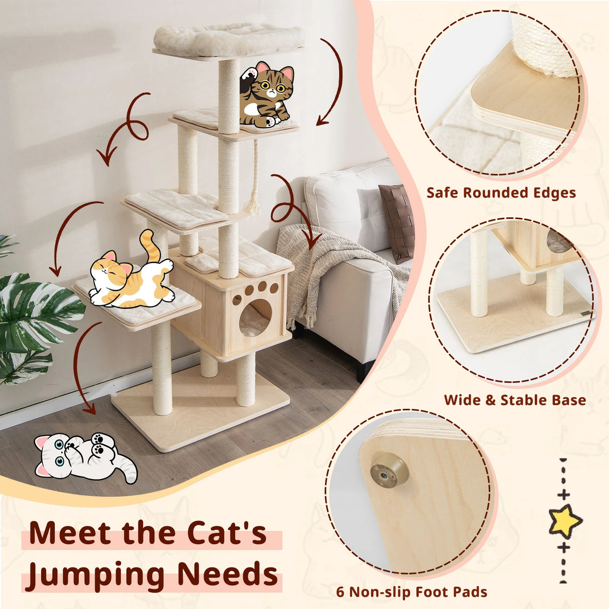 Modern Wooden Cat Tower with Scratching Posts, Washable Cushion