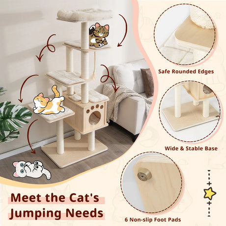 Modern Wooden Cat Tower with Scratching Posts, Washable Cushion