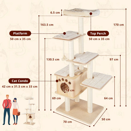 Modern Wooden Cat Tower with Scratching Posts, Washable Cushion