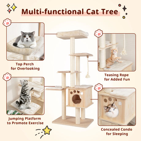 Modern Wooden Cat Tower with Scratching Posts, Washable Cushion