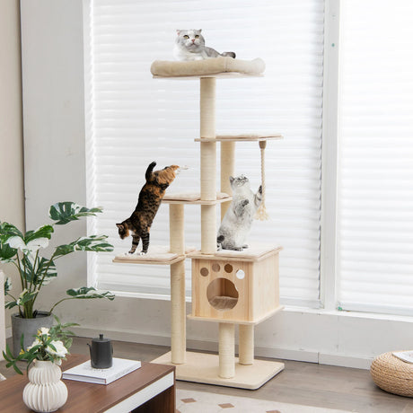 Modern Wooden Cat Tower with Scratching Posts, Washable Cushion