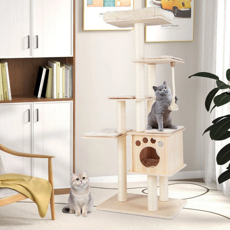 Modern Wooden Cat Tower with Scratching Posts, Washable Cushion