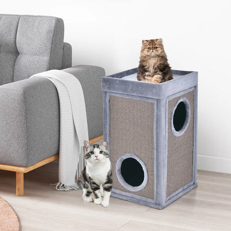 2-Tier Cat House with Sisal Scratch Boards-Grey