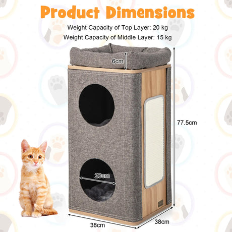 3-Story Cat House with Scratching Board for Indoor Cats