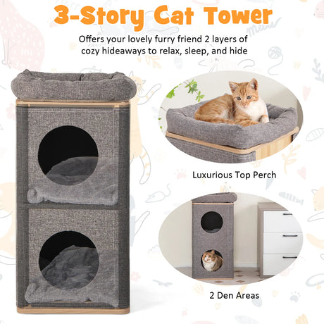 3-Story Cat House with Scratching Board for Indoor Cats