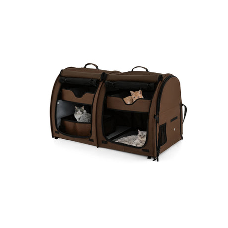 Double Compartment Pet Carrier with 2 Removable Hammocks-Brown
