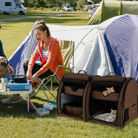 Double Compartment Pet Carrier with 2 Removable Hammocks-Brown