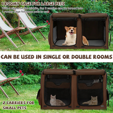 Double Compartment Pet Carrier with 2 Removable Hammocks-Brown