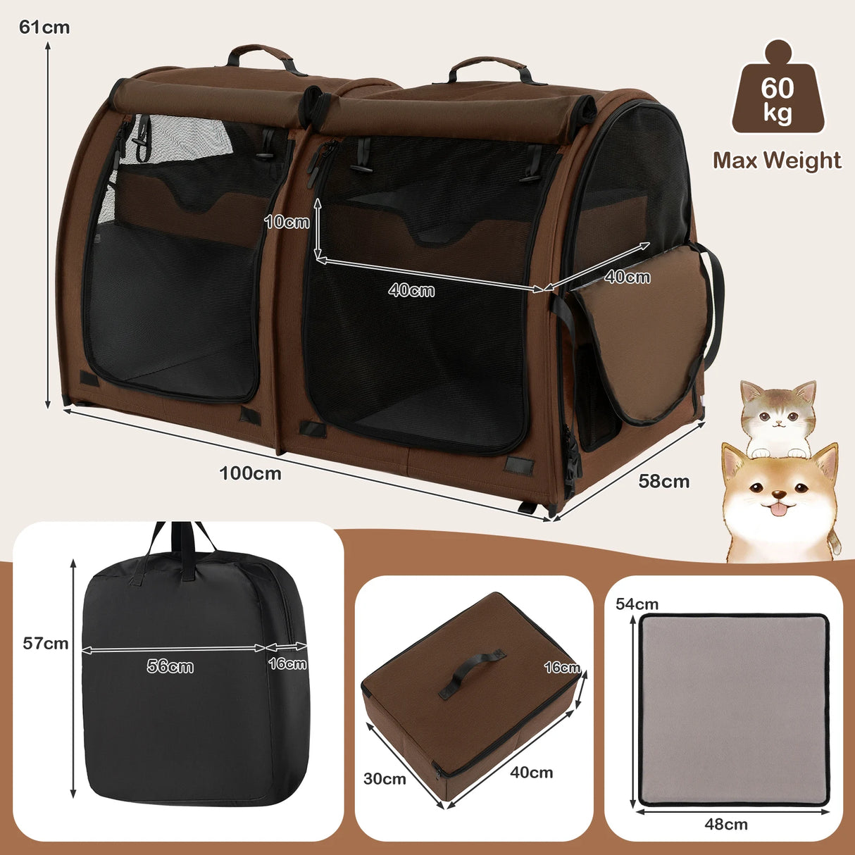 Double Compartment Pet Carrier with 2 Removable Hammocks-Brown