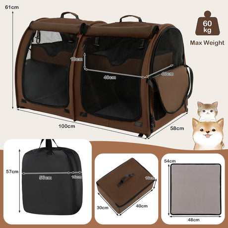 Double Compartment Pet Carrier with 2 Removable Hammocks-Brown