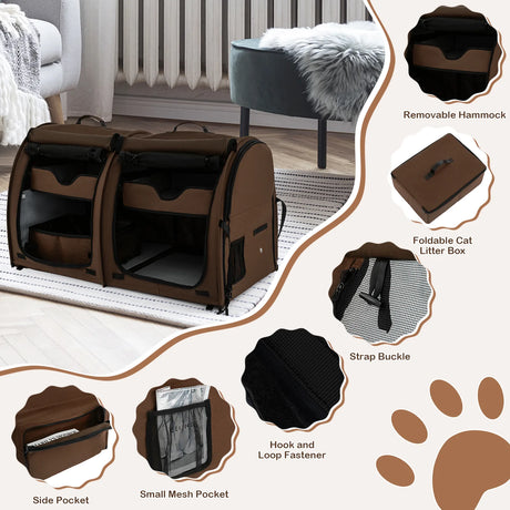 Double Compartment Pet Carrier with 2 Removable Hammocks-Brown