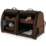 Double Compartment Pet Carrier with 2 Removable Hammocks-Brown